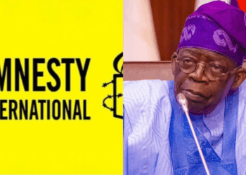 Photo combo of Amnesty International logo and Tinubu