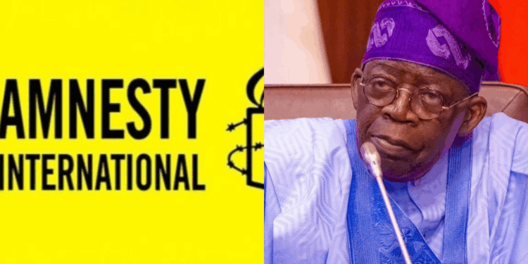 Photo combo of Amnesty International logo and Tinubu