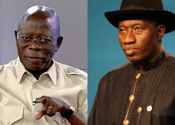 Photo combo of Oshiomhole and Goodluck Jonathan