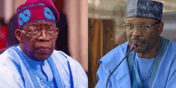 Tinubu Honours INEC Chairman Mahmood Yakubu With National Award As He Exits Office Photo combo of Bola Tinubu and Mahmood Yakubu