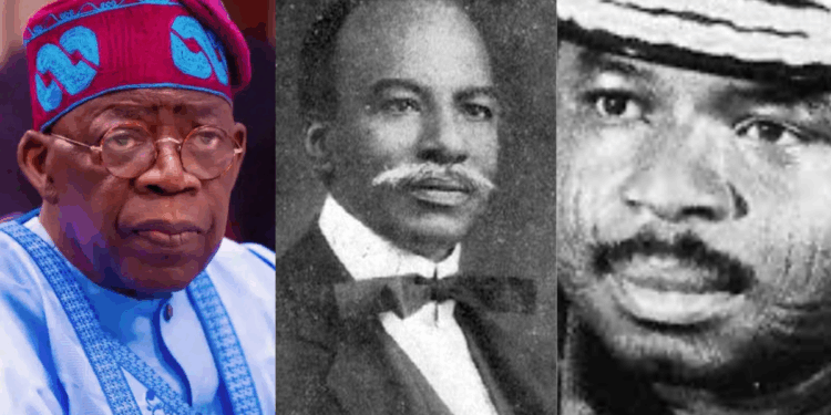 Photo combo of President Bola Tinubu, Herbert Macaulay and Mamman Vatsa