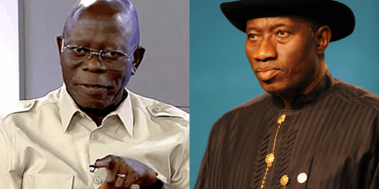 Photo combo of Oshiomhole and Goodluck Jonathan
