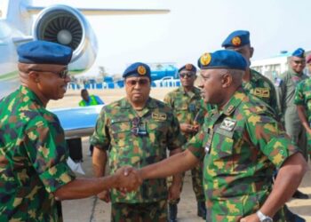 Chief of Air Staff, Air Marshal Kelvin Aneke during an operational visit to the Air Component of Operation FANSAN YAMMA (OPFY) Sector 2/213 Forward Operating Base (FOB) in Katsina.