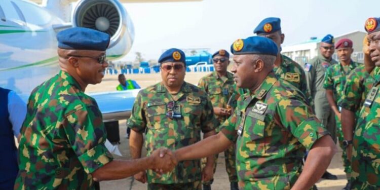 Chief of Air Staff, Air Marshal Kelvin Aneke during an operational visit to the Air Component of Operation FANSAN YAMMA (OPFY) Sector 2/213 Forward Operating Base (FOB) in Katsina.