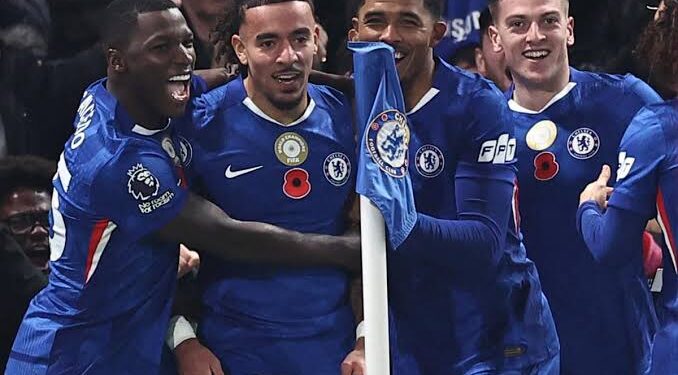 Chelsea FC players celebrating a goal