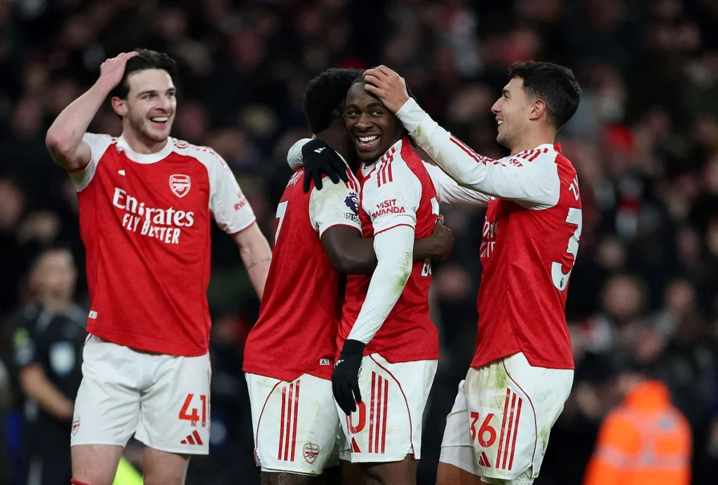Arsenal midfielder Eberechi Eze celebrates.