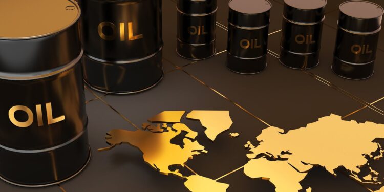 oil barrels on black background with golden world map