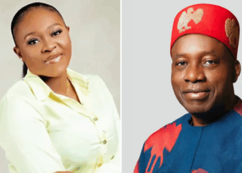 Photo of Governor Charles Soludo and AAC candidate Chioma Ifemeludike.