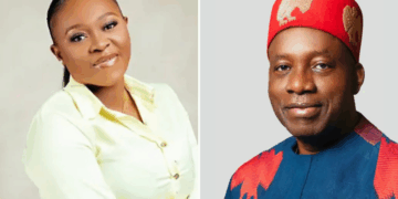 Photo of Governor Charles Soludo and AAC candidate Chioma Ifemeludike.