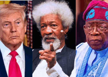 Photo combo of US President Donald Trump, Professor Wole Soyinka and President Bola Tinubu.