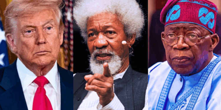 Photo combo of US President Donald Trump, Professor Wole Soyinka and President Bola Tinubu.