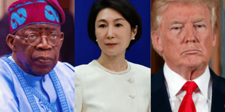 President Bola Tinubu, Chinese Foreign Ministry Spokesperson Mao Ning and US President Donald Trump.