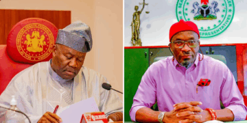 Photo combo of Senate President Godswill Akpabio and Deputy Speaker Benjamin Kalu.