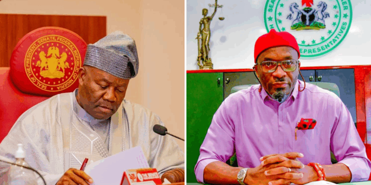 Photo combo of Senate President Godswill Akpabio and Deputy Speaker Benjamin Kalu.