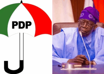 Photo combo of PDP logo and President Bola Tinubu