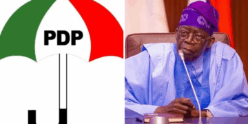 Photo combo of PDP logo and President Bola Tinubu