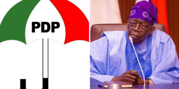 Photo combo of PDP logo and President Bola Tinubu