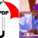 Photo combo of PDP logo and President Bola Tinubu