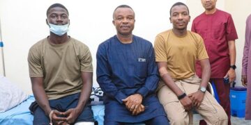 Air Chief Visits NAF Pilots After Alpha Jet Crash, Orders Probe Into Mid-Air Emergency Air Marshal Sunday Aneke (middle) with the pilots