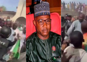 Photo combo of Angry mob and Lawmaker, Kabiru Mikailu