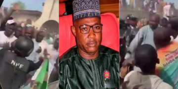 Angry Dansadau Residents Attack Zamfara Lawmaker During Governor’s Visit Photo combo of Angry mob and Lawmaker, Kabiru Mikailu