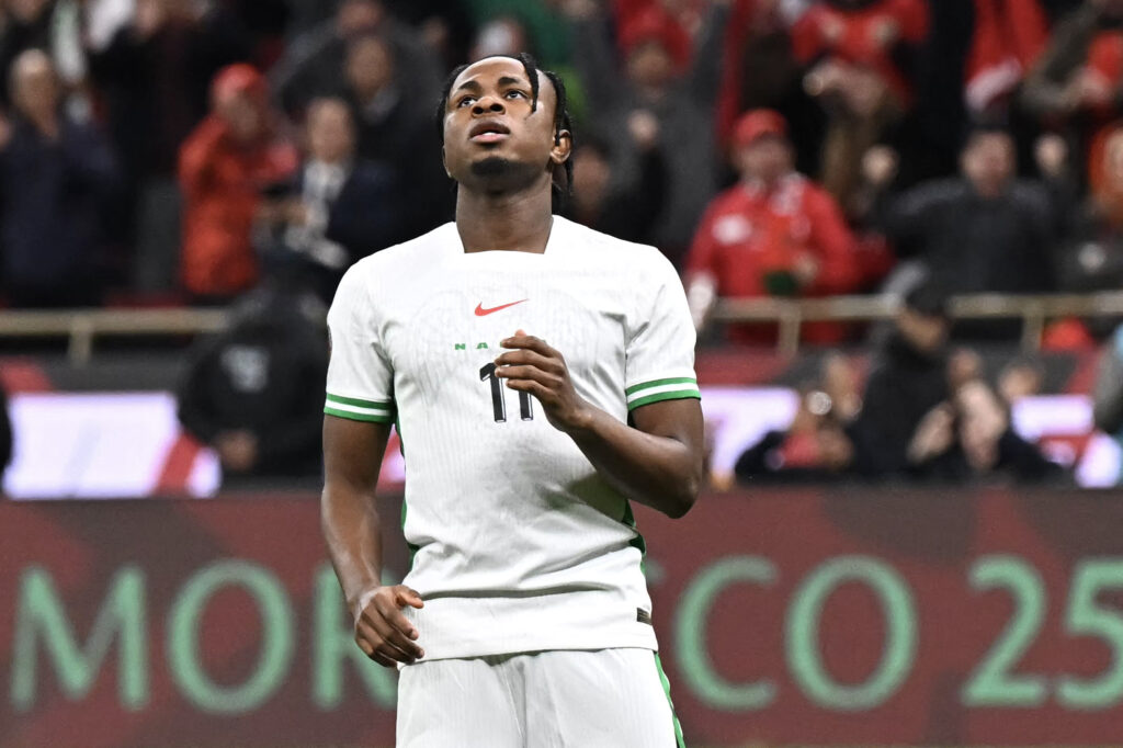 Nigeria’s forward #11 Samuel Chukwueze reacts after missing a penalty during the Africa Cup of Nations (CAN) semi-final football match between Nigeria and Morocco at the Prince Moulay Abdellah stadium in Rabat