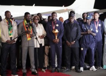 Senegal President Bassirou Diomaye Faye addresses members of Senegal’s national football team upon their arrival in Dakar.