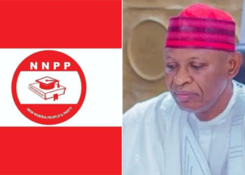 Photo combo of NNPP logo and Abba Yusuf