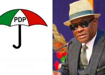 Photo combo of PDP logo and Wike