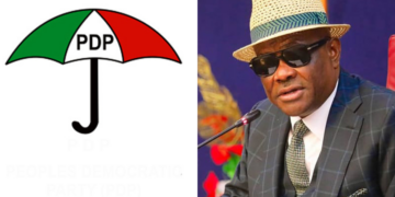 PDP Tells APC to Manage Fallout of Its Alliance With Wike Photo combo of PDP logo and Wike