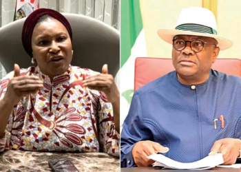 Photo combo of Ireti Kingibe and Nyesom Wike