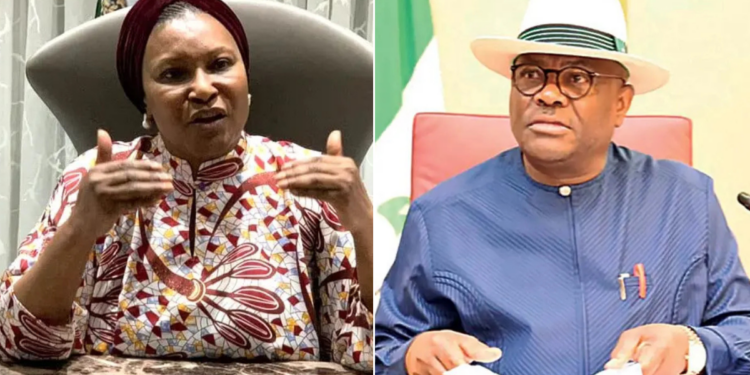 Photo combo of Ireti Kingibe and Nyesom Wike