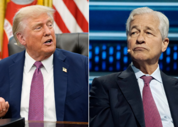 Photo combo of President Donald Trump and JPMorgan