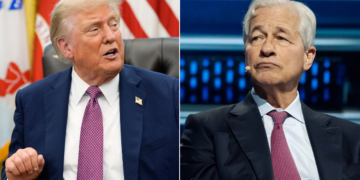 Trump Sues JPMorgan, Jamie Dimon Over Alleged Political ‘Debanking’ Photo combo of President Donald Trump and JPMorgan