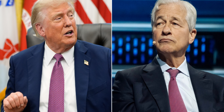 Photo combo of President Donald Trump and JPMorgan