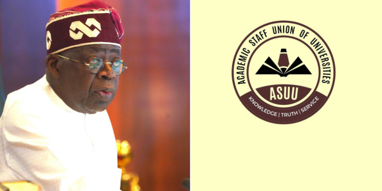 Photo combo of Tinubu and ASUU Logo