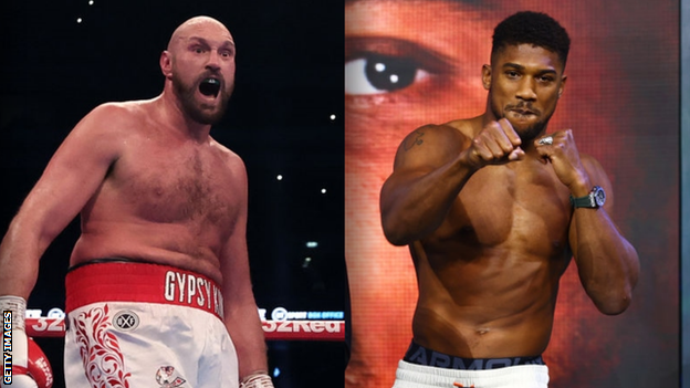 Photo combo of tyson fury and Anthony Joshua