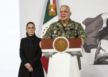 Secretary of National Defense, Ricardo Trevilla Trejo, speaks during the daily morning briefing at Palacio Nacional on February 23, 2026 in Mexico City, Mexico.