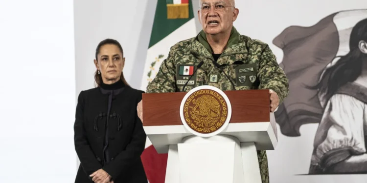 Secretary of National Defense, Ricardo Trevilla Trejo, speaks during the daily morning briefing at Palacio Nacional on February 23, 2026 in Mexico City, Mexico.