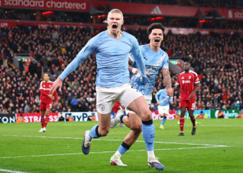Haaland celebrates his goal against liverpool