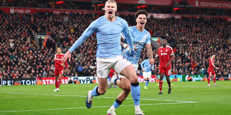 Haaland celebrates his goal against liverpool