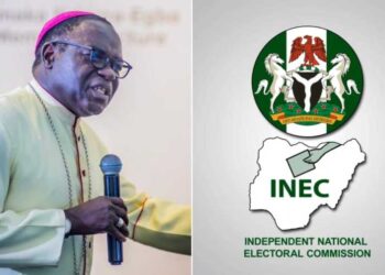 Photo combo of Bishop Matthew Kukah and INEC Logo