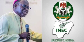 Photo combo of Bishop Matthew Kukah and INEC Logo