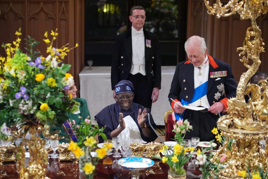 Tinubu at the State banquet, Windsor Castle with King Charles III