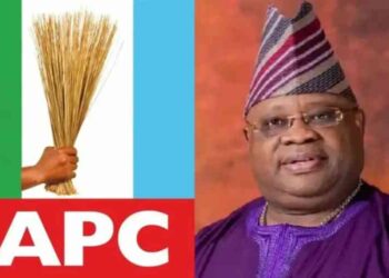 Photo combo of APC logo and Gov Adeleke