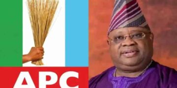 Photo combo of APC logo and Gov Adeleke