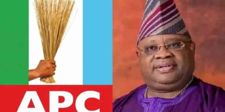 Photo combo of APC logo and Gov Adeleke