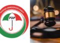 A photo combo of the PDP emblem and a court gavel.