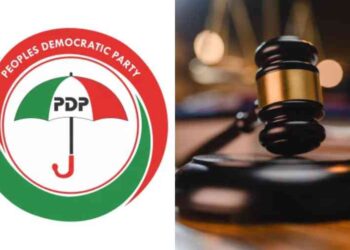 A photo combo of the PDP emblem and a court gavel.