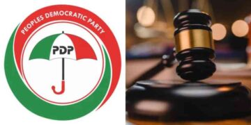 A photo combo of the PDP emblem and a court gavel.